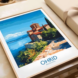 Impresión de arte mural de Ohrid, Macedonia. Impresión de viaje de Ohrid. Póster decorativo para el hogar. Regalo. Ilustración digital. Lago Ohrid, Macedonia.