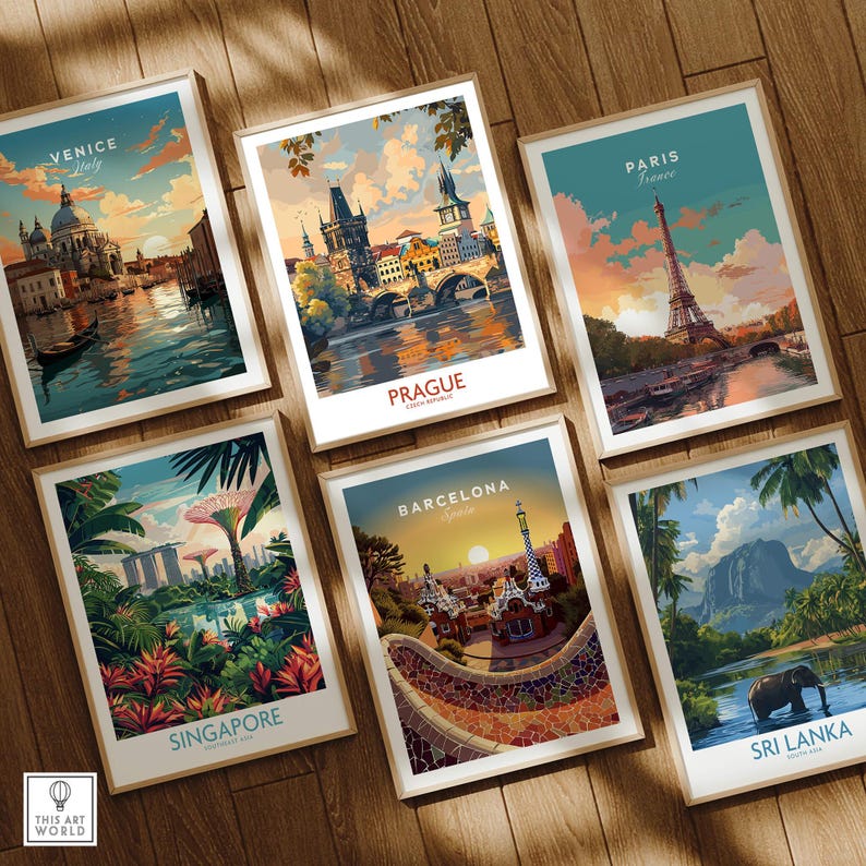 Prague Travel Poster featuring stunning architecture and vibrant colors alongside other travel posters.