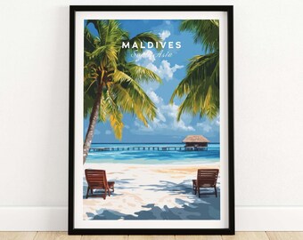 May include: A travel poster with a tropical beach scene. The poster features two palm trees, a wooden pier, a small hut, and two lounge chairs on a white sandy beach. The text on the poster reads "MALDIVES South Asia".