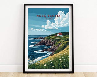 Puede incluir: Un diseño de póster de viaje vintage con una vista panorámica de un faro en una costa rocosa en Nueva Escocia, Canadá. El póster tiene un cielo azul con nubes blancas y un océano azul con olas blancas. El faro es blanco con un techo rojo y está rodeado de hierba verde y árboles.