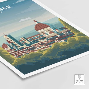 May include: A vintage travel poster featuring a colorful illustration of the Duomo in Florence, Italy. The poster has a blue sky with white clouds and a green hillside in the foreground.