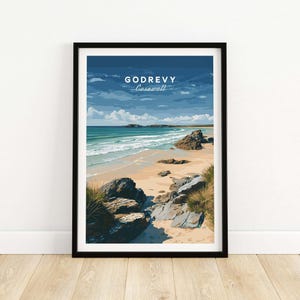 Godrevy Beach Poster, Cornwall Coastal Art, UK Coastal Decor, Framed And Unframed, Seaside Wall Print, Travel Gift, Ocean View Illustration