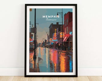 Memphis Tennessee Beale Street Poster - Dusk Music City Art Print, Southern Wall Decor, Blues & Jazz Tribute Gift