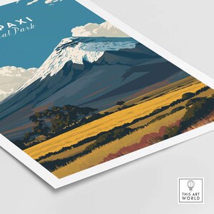 Cotopaxi National Park travel poster showcasing the snow-capped volcano and golden fields under a blue sky.
