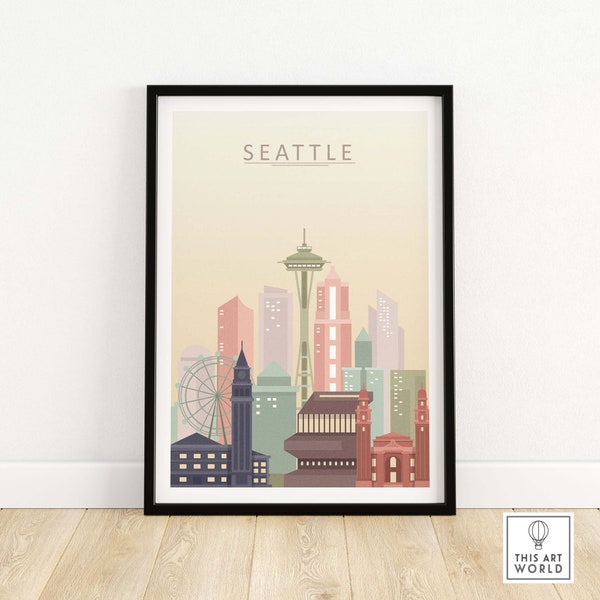 Seattle Skyline Print | Seattle Wall Art Poster | Seattle Home Decor Artwork | Seattle Cityscape | Seattle Pastel Gift | Seattle Print