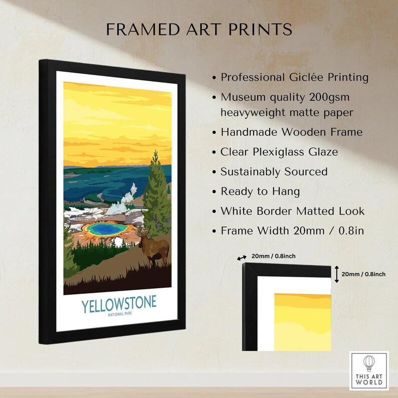 Framed Yellowstone National Park art print with elk, colorful hot spring, and sunset, wall decor details listed.