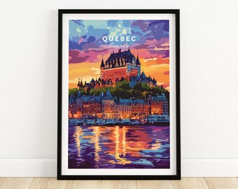 May include: A colorful illustration of the Chateau Frontenac in Quebec City, Canada. The castle is lit up at night and reflected in the water. The sky is a vibrant orange and purple.