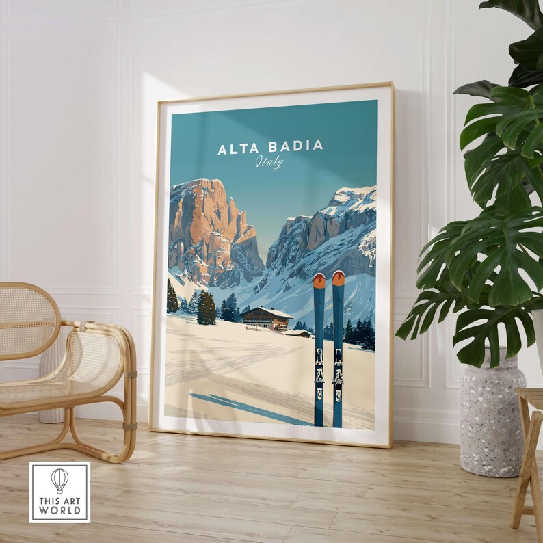 Alta Badia ski resort print featuring majestic Dolomites, perfect for home decor and ski enthusiasts.