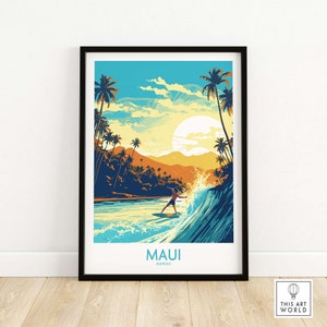 Maui Hawaii Surf Poster Art Travel Print | Home Gift Birthday present Wedding anniversary Wall Décor | Personalized Illustration Artwork