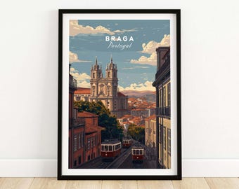 May include: Framed art print showing a stylized illustration of Braga, Portugal. The artwork depicts a street scene with red trams, buildings, and a large cathedral under a blue sky with clouds. Text at the top reads "BRAGA Portugal."