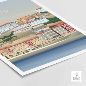 May include: A colorful illustration of the city of Porto, Portugal. The image features a cityscape with buildings in shades of red, yellow, and blue, along with a body of water in the foreground.