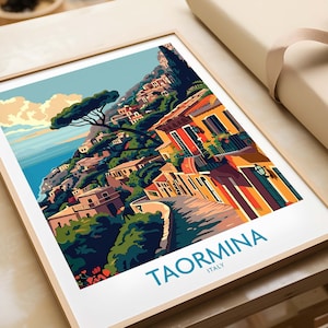 Taormina Travel Print - Vibrant Souvenir of Italys Beautiful Coastline Sicily Italy Taormina Artwork Poster Gift Italy Art Lover Italy Print