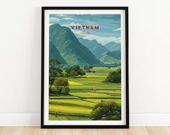 Arte mural de Vietnam, póster de paisaje de arrozales, panorama rural de montaña, decoración natural para el hogar, impresión de la serena campiña vietnamita