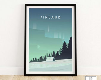 Finland Print Poster | Lapland Wall Art | Finland Travel Poster | Scandinavian Print | Northern Lights Art | Gift Idea