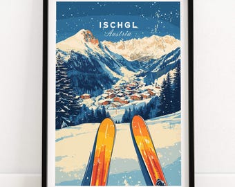 Póster de la estación de esquí de Ischgl, arte mural de esquí, póster de Austria, arte de deportes de invierno, aventura, decoración del hogar, arte mural de esquí, regalo para esquiadores