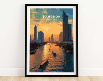 Impresión de barcos fluviales de Bangkok, Tailandia: póster del atardecer en Chao Phraya, arte mural con vistas al horizonte, decoración del hogar con paisaje urbano tailandés
