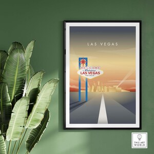May include: A retro-style illustration of the Las Vegas welcome sign with a road leading to the city skyline. The sign reads "Welcome to Fabulous Las Vegas, Nevada".