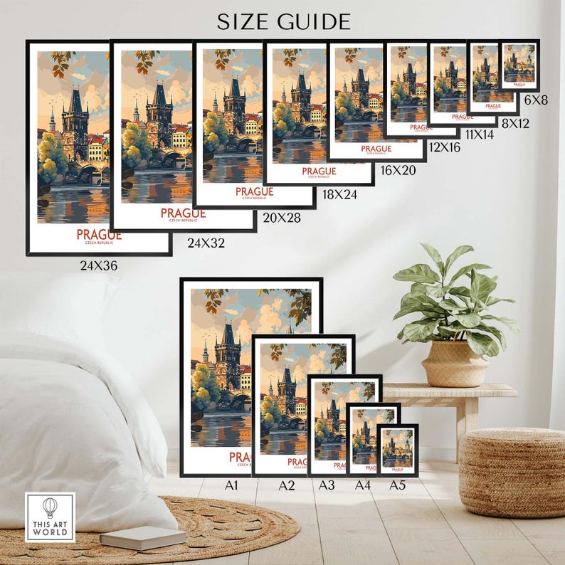 Prague Travel Poster size guide featuring various print sizes for showcasing the stunning Prague scenery.
