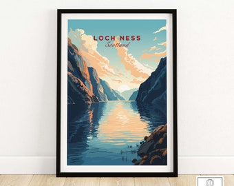 May include: A vintage travel poster design featuring a scenic view of Loch Ness in Scotland. The poster has a blue, orange, and green color scheme and features a body of water surrounded by mountains.