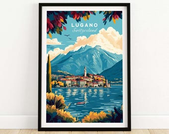 May include: A colorful illustration of Lugano, Switzerland, featuring a town on a lake with mountains in the background. The text "Lugano Switzerland" is written in white on a blue cloud.