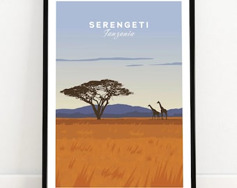 Póster de viaje de Serengeti, Tanzania / Arte mural de safari africano con jirafas / Idea de regalo de Tanzania / Obra de arte enmarcada y sin enmarcar