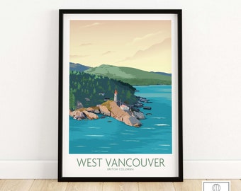 May include: A colorful illustration of a lighthouse on a rocky island in West Vancouver, British Columbia. The sky is a soft orange and yellow, and the water is a deep blue. The text "West Vancouver, British Columbia" is at the bottom of the image.