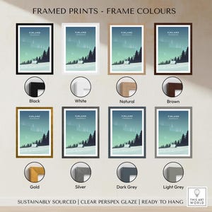 Finland Print Wall Art Poster framed in various colors including black, white, natural, brown, gold, silver, dark grey, and light grey.