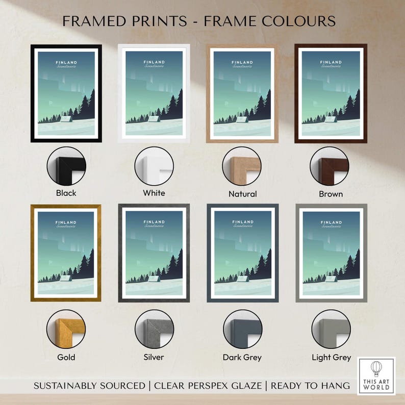 Finland Print Wall Art Poster framed in various colors including black, white, natural, brown, gold, silver, dark grey, and light grey.