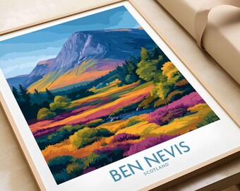 Ben Nevis Scotland Print, Heather Fields Landscape Wall Art, Scottish Peaks Illustration, Mountain Home Decor, Nature Lover Gift