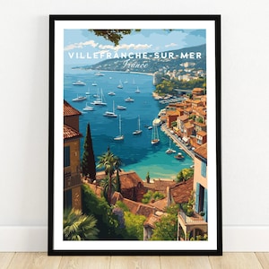 Poster van Villefranche-sur-Mer, print van de Franse Rivièra, wanddecoratie met kustthema, kustlandschap, kunst voor thuis met reisthema, ingelijste en oningelijste opties.