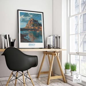 Jersey Channel Islands Art Print - Mont Orgueil Castle displayed in a modern workspace, highlighting the coastal view.