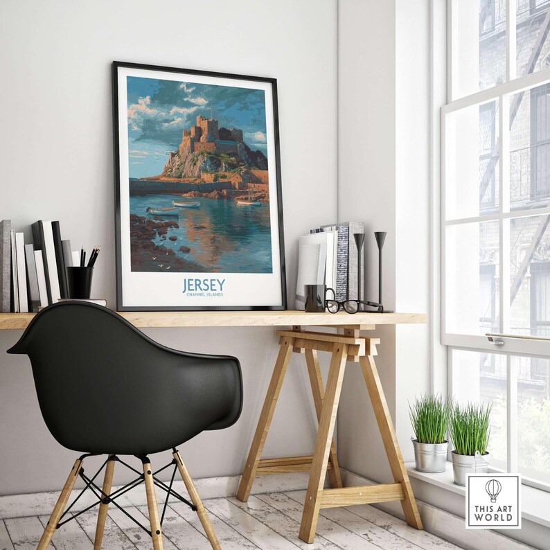 Jersey Channel Islands Art Print - Mont Orgueil Castle displayed in a modern workspace, highlighting the coastal view.