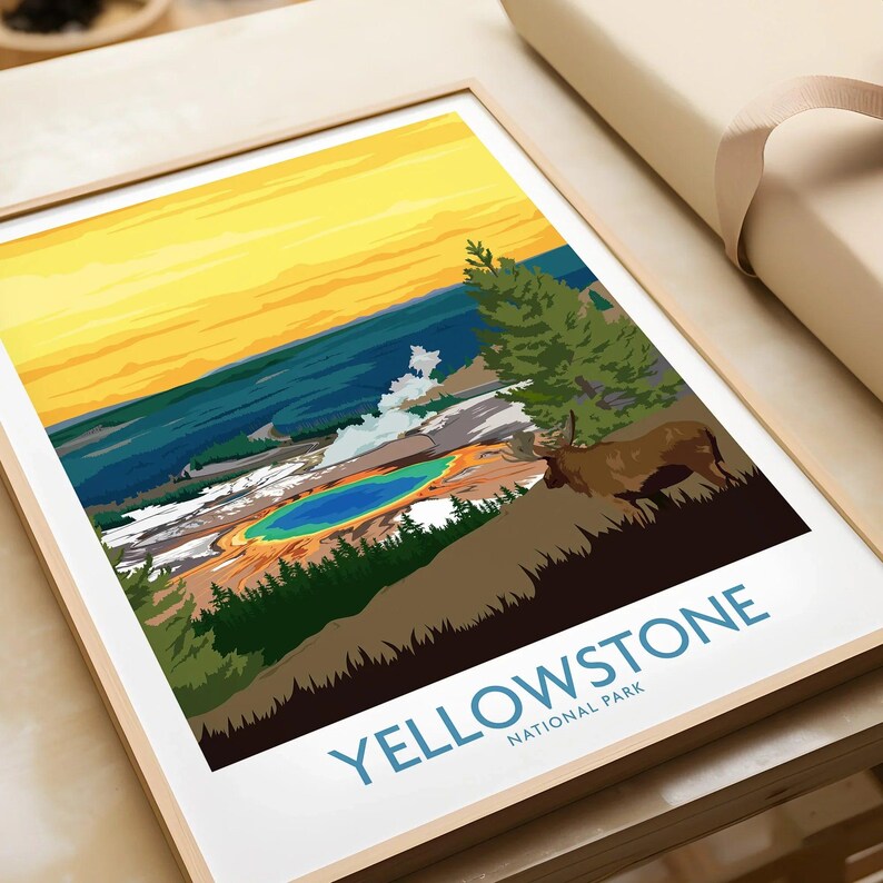 Yellowstone National Park art print in natural frame featuring Grand Prismatic Spring and elk.