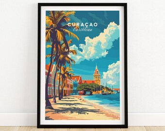 May include: A colorful illustration of a beach scene in Curaçao, Caribbean. The image features palm trees, colorful buildings, a waterfront, and a tall building with a clock tower. The text "Curaçao Caribbean" is displayed at the top of the image.