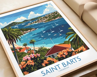 May include: A colorful illustration of a tropical island with a blue ocean, white sand beach, and lush green trees. The text "SAINT BARTS CARIBBEAN" is printed in blue at the bottom of the image.