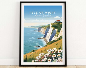 May include: A framed art print featuring a scenic view of the Isle of Wight, United Kingdom. The artwork depicts white cliffs, a blue sea, and a green hillside with wildflowers. The sky is a clear blue, and a small house sits atop the cliffs.