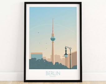 May include: A minimalist illustration of the Berlin skyline featuring the iconic Fernsehturm television tower with a red and white antenna, a street lamp, and buildings in the background. The text "BERLIN GERMANY" is at the bottom of the image.