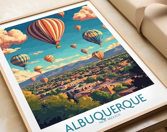May include: A colorful illustration of hot air balloons flying over a city with the text "Albuquerque, New Mexico".