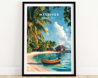May include: A colorful travel poster featuring a tropical island scene with palm trees, a white sandy beach, turquoise water, and a small wooden boat. The text "MALDIVES South Asia" is at the top of the poster.