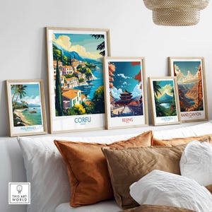 Corfu landscape art print featured among framed travel posters on a stylish wall with cozy decor.