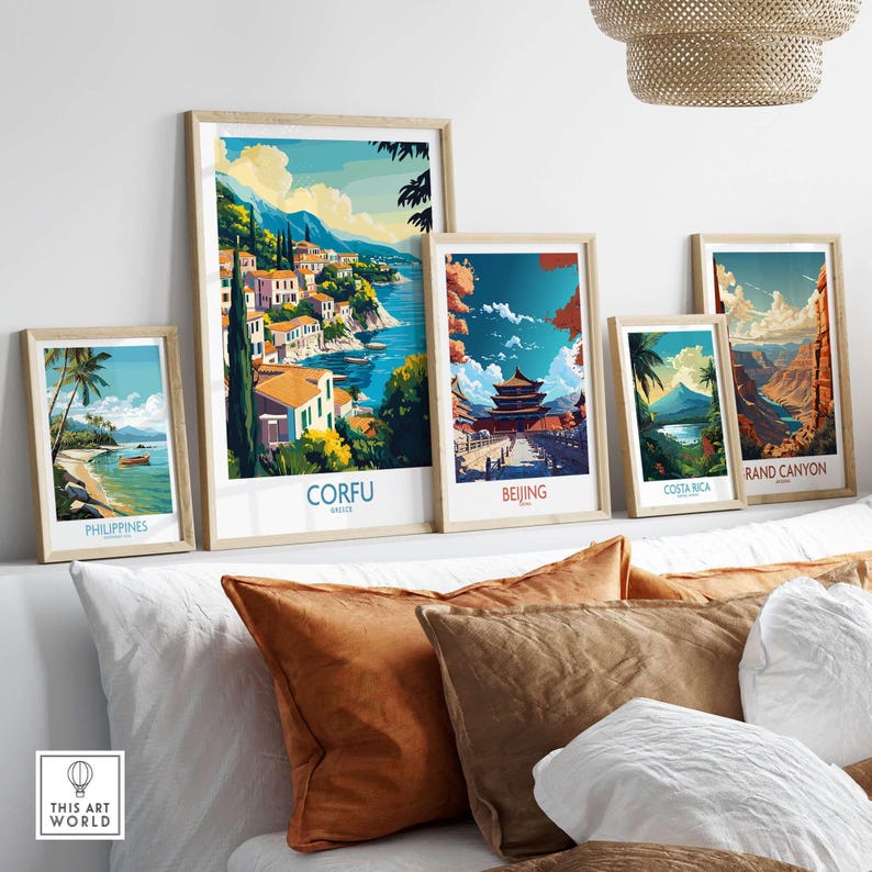 Corfu landscape art print featured among framed travel posters on a stylish wall with cozy decor.