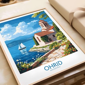 Póster de Ohrid, Macedonia. Impresión artística de Ohrid. Impresión de viaje. Póster de decoración del hogar. Regalo. Ilustración digital. Obra de arte. Lago de Macedonia.
