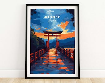 Hakone Wall Art Japan Torii Gate Sunset Reflections Poster, Vibrant Lake Ashi Print, Nature Landscape, Japanese Art, Travel Gift, Wall Decor