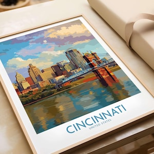 Pôster da paisagem urbana da orla de Cincinnati, arte de parede de Ohio, impressão de horizonte urbano, com e sem moldura, decoração de viagem, presente de escritório
