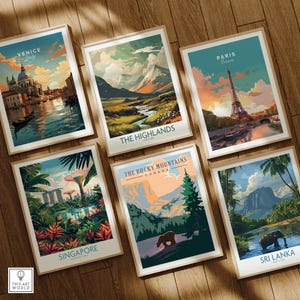 Set of six framed travel posters featuring Venice, Paris, The Highlands, Singapore, Rocky Mountains, and Sri Lanka, displayed on a wooden floor.