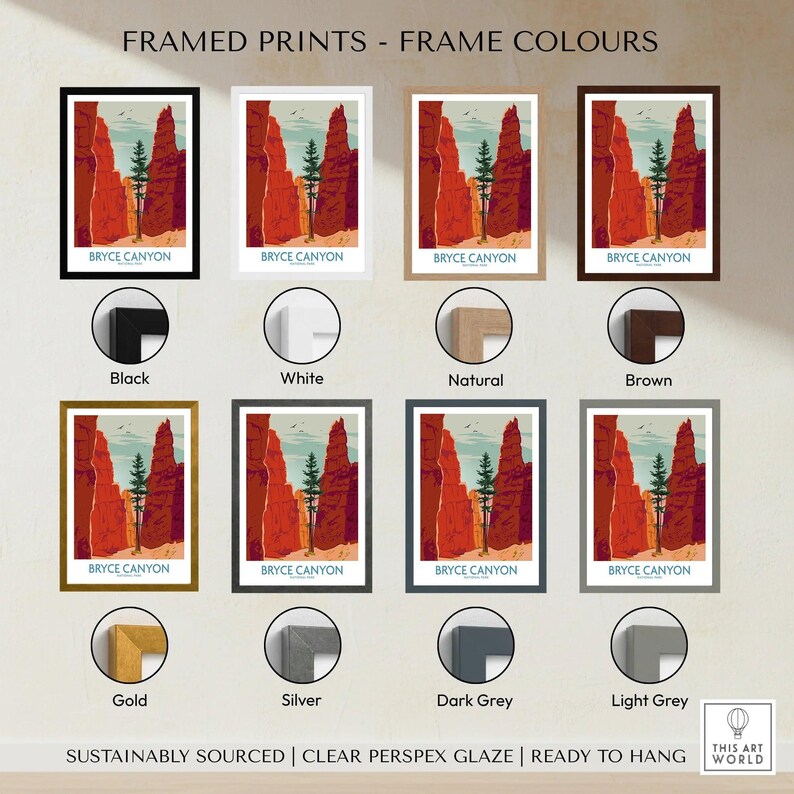 Bryce Canyon National Park art print with eight frame color options, including black, white, natural, brown, gold, silver, dark grey, and light grey.