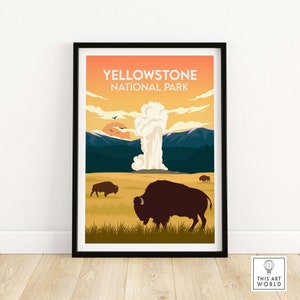 Impresión de Yellowstone / Póster del Parque Nacional / Impresión artística de Wyoming con bisontes / Póster de viaje / Idea de regalo de arte mural enmarcado y sin marco