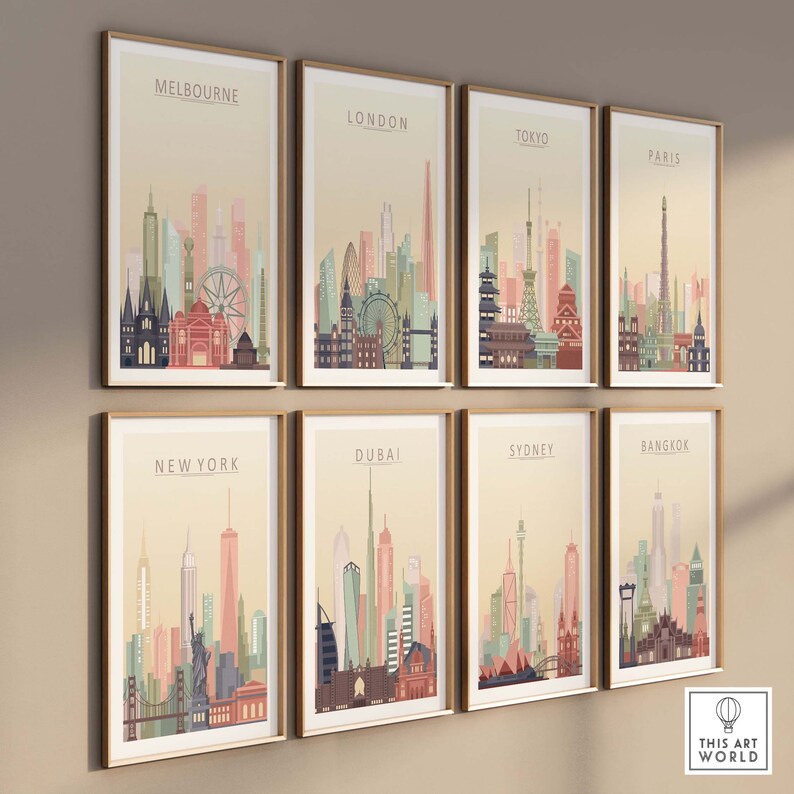 May include: A set of eight framed city skyline prints, each featuring a different city: Melbourne, London, Tokyo, Paris, New York, Dubai, Sydney, and Bangkok. The prints are all in a similar style, with a beige background and colorful silhouettes of the cityscapes.