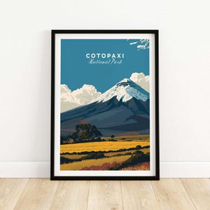 Cotopaxi National Park travel poster featuring snow-capped volcano and golden fields in Ecuador.
