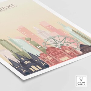 May include: A colorful illustration of the Melbourne skyline, featuring iconic buildings like the St. Paul's Cathedral and the Melbourne Star Observation Wheel. The illustration is done in a minimalist style with pastel colors.